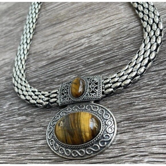 Vintage Tiger's Eye Silver Tone Women’s Necklace Chain 2 Pendants Elegant Sz 22” - Picture 9 of 14